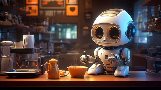 Una foto di un personaggio 3D futuristico che interagisce con la macchina del caffè