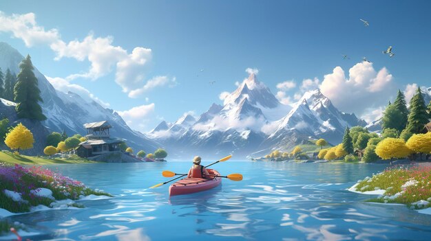 Una foto di un personaggio 3D in kayak in un lago di montagna