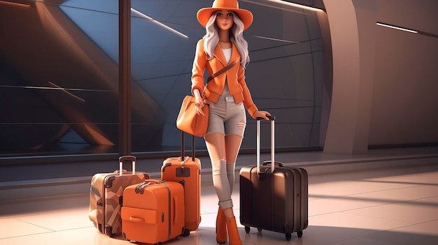 Una foto di un personaggio 3D in un aeroporto che tiene un bagaglio