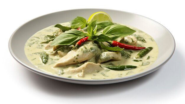 Una foto di un piatto di curry verde thailandese a tutta lunghezza