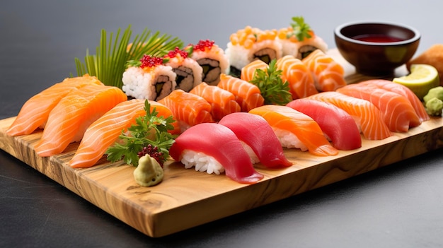 Una foto di un piatto di sushi all'acqua di bocca a tutta lunghezza