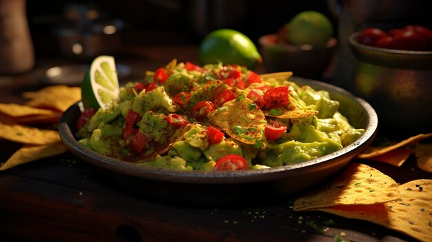 Una foto di un piatto messicano piccante con guacamole e salsa