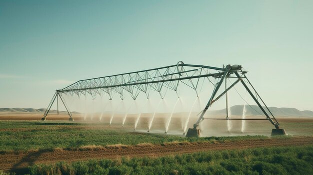 Una foto di un pivot di irrigazione agricola in movimento