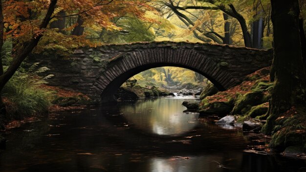 Una foto di un ponte rustico sopra un ruscello tranquillo in una vibrante luce diffusa e morbida della foresta autunnale