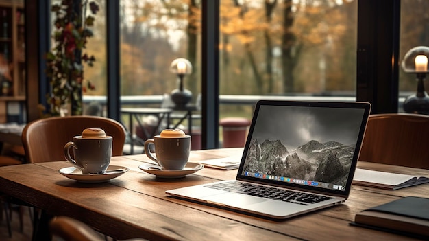 Una foto di un portatile e accessori su un caffè accogliente