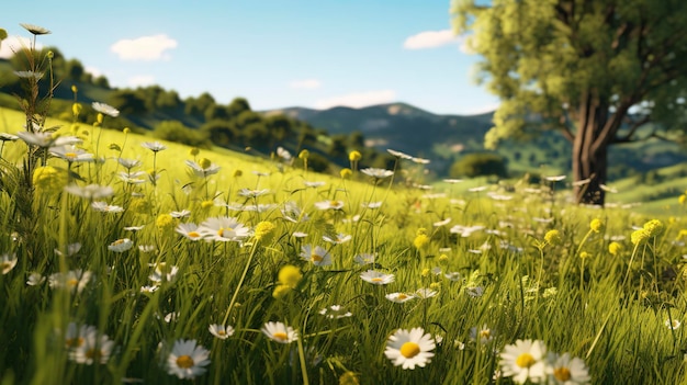 Una foto di un prato di campagna con fiori di campo