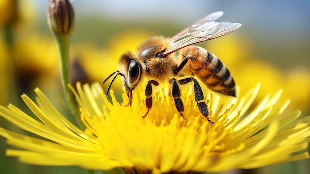 Una foto di un primo piano di un'ape su un fiore che raccoglie il polline dal fiore
