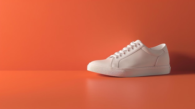 Una foto di un prodotto minimo di una scarpa da ginnastica bianca su uno sfondo arancione corrispondente
