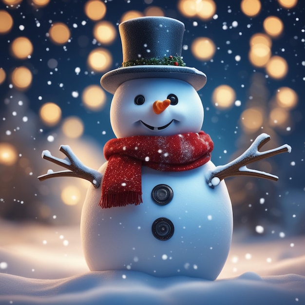 Una foto di un pupazzo di neve in inverno con lo sfondo delle celebrazioni natalizie in modalità notturna