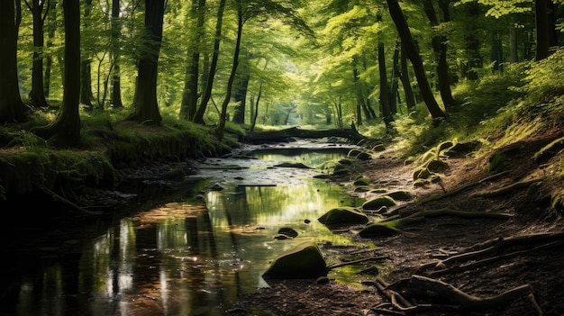 Una foto di un ruscello nascosto nel bosco sullo sfondo denso di fogliame