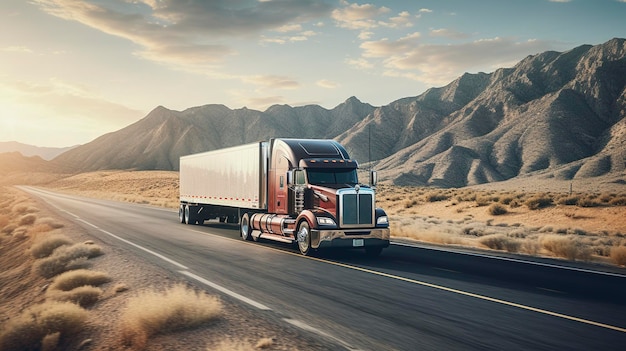 Una foto di un semitruck in un lungo viaggio su strada