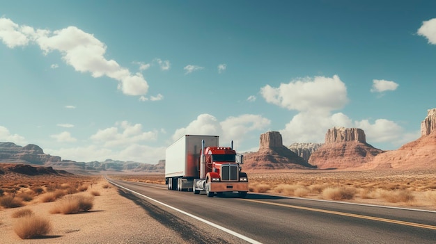 Una foto di un semitruck in un lungo viaggio su strada