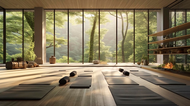 Una foto di un sereno ritiro yoga con finestre dal pavimento al soffitto e giardino zen