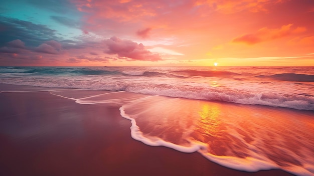 Una foto di un sereno tramonto sulla spiaggia con tonalità vivaci di arancione e rosa