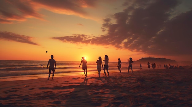 Una foto di un sereno tramonto sulla spiaggia con un gruppo di amici che giocano a pallavolo nella luce che svanisce