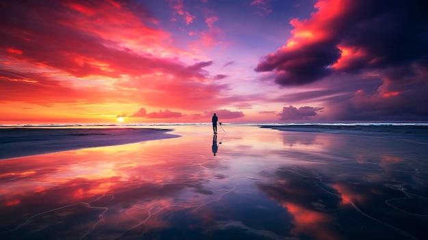 Una foto di un sereno tramonto sulla spiaggia con un pescatore solitario che getta la sua linea nelle acque calme