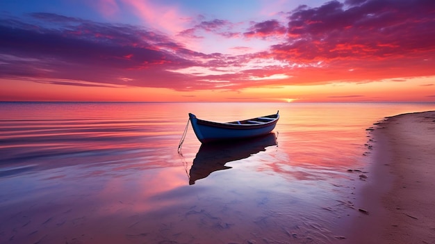 Una foto di un sereno tramonto sulla spiaggia con una barca solitaria ancorata vicino alla riva