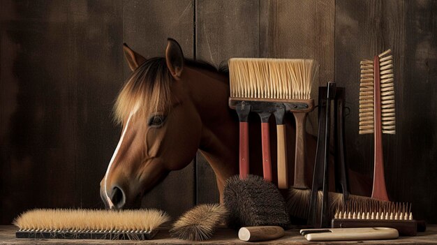 Una foto di un set da toelettatura per cavalli con spazzole e pettini