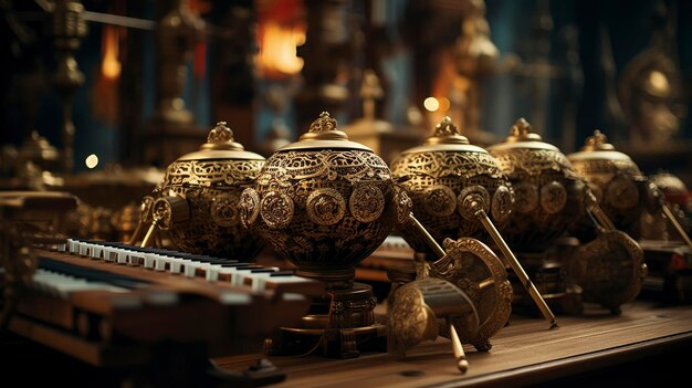 Una foto di un set di strumenti gamelan in un indonesiano