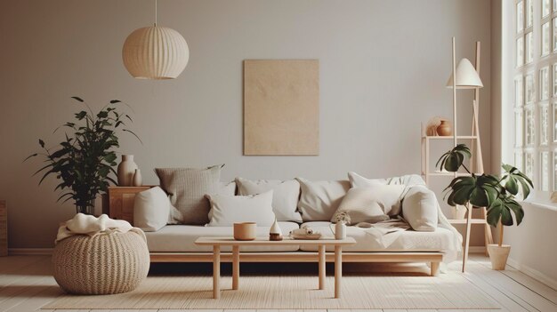 Una foto di un soggiorno in stile scandinavo minimalista con toni neutri