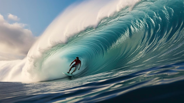 Una foto di un surfista che cattura una grande onda