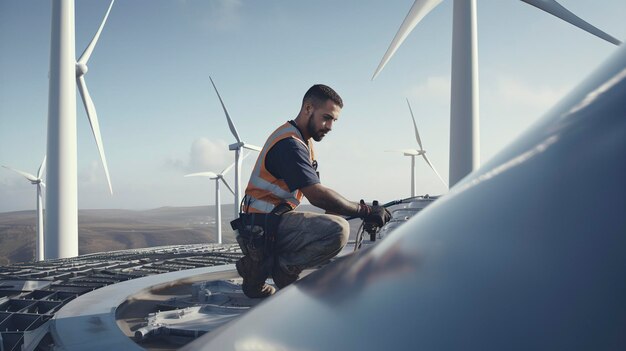 Una foto di un tecnico di turbine eoliche che effettua la manutenzione