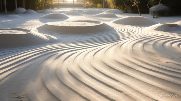 Una foto di un tempio zen con giardino di sabbia rastrellato