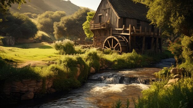 Una foto di un tradizionale mulino ad acqua in legno situato in una valle lussureggiante