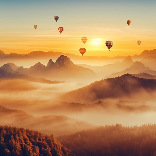 Una foto di un tramonto con mongolfiere che sorvolano le montagne.