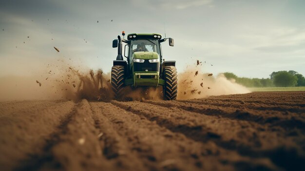 Una foto di un trattore che semina i semi in un campo arato