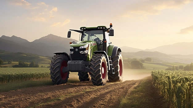 Una foto di un trattore moderno in un campo agricolo