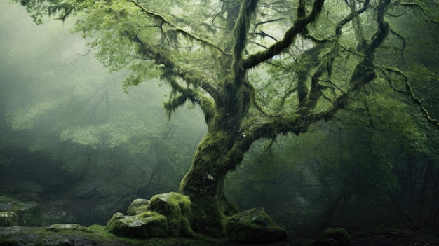 Una foto di un tronco d'albero di muschio sullo sfondo di una foresta nebbiosa