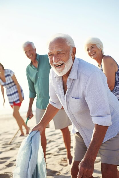 Una foto di un uomo anziano che pulisce la spiaggia con i suoi amici.