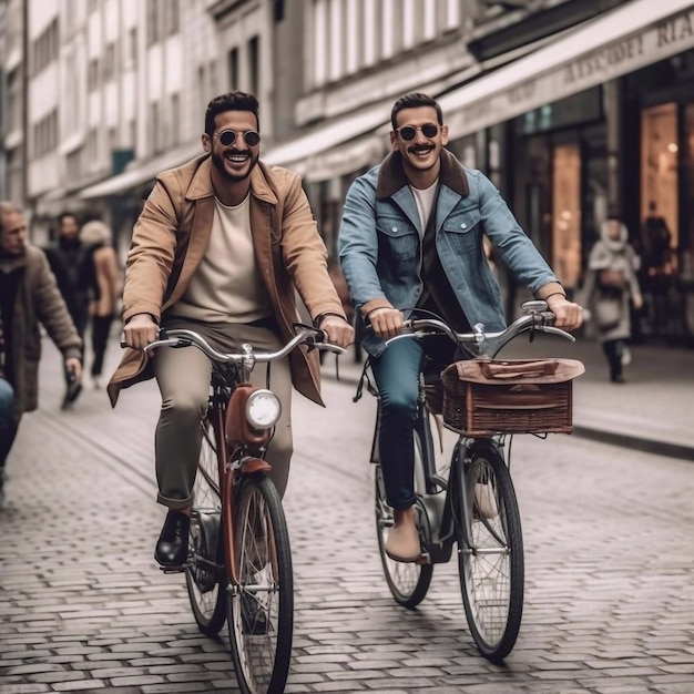 Una foto di un uomo che va in bicicletta, in motocicletta e sorride con un amico.