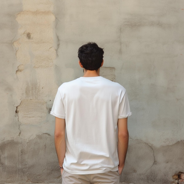 Una foto di un uomo da dietro che indossa una maglietta bianca bianca e uno sfondo da parete vintage
