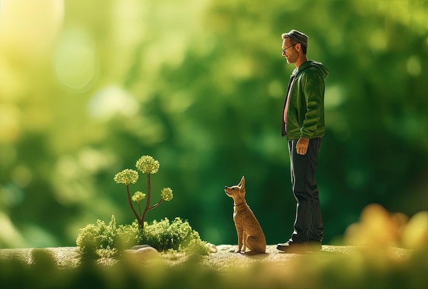 una foto di un uomo e di un cane verde nello stile del panorama bokeh