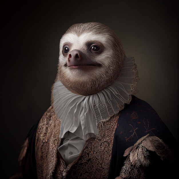 Una foto di un uomo in costume con un colletto che dice "il bradipo"