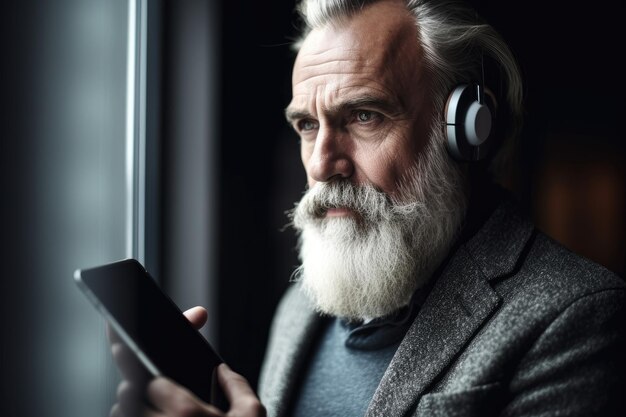 Una foto di un uomo maturo che ascolta attentamente il suo tablet.