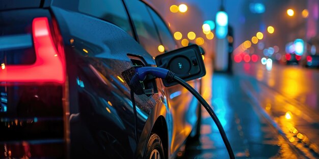 Una foto di un veicolo elettrico che si carica in una stazione di ricarica con un caricabatterie aigx