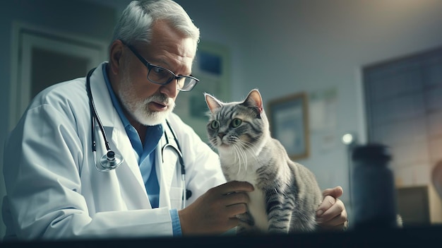 Una foto di un veterinario che esamina un gatto