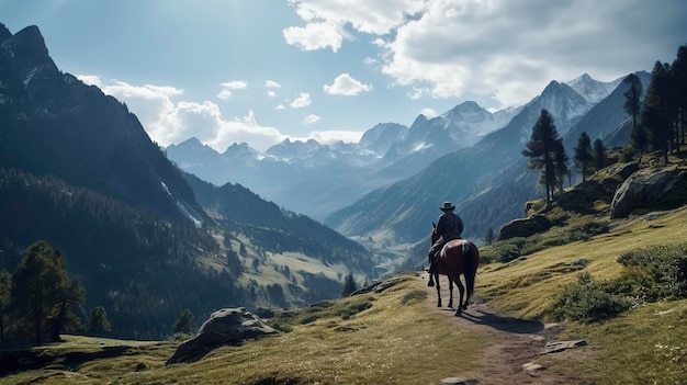 Una foto di un viaggiatore a cavallo in una valle pittoresca