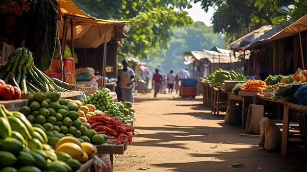 Una foto di un vivace mercato locale con prodotti freschi e prodotti artigianali