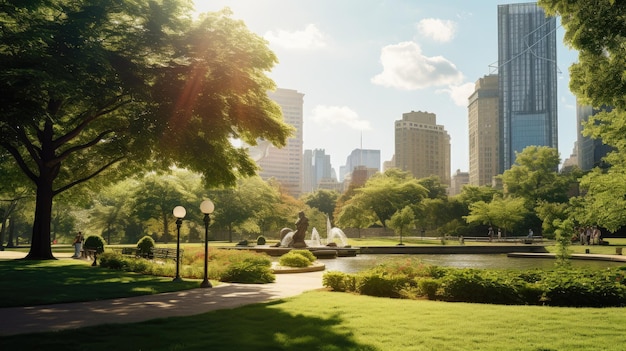 Una foto di un vivace parco cittadino con edifici alti sullo sfondo