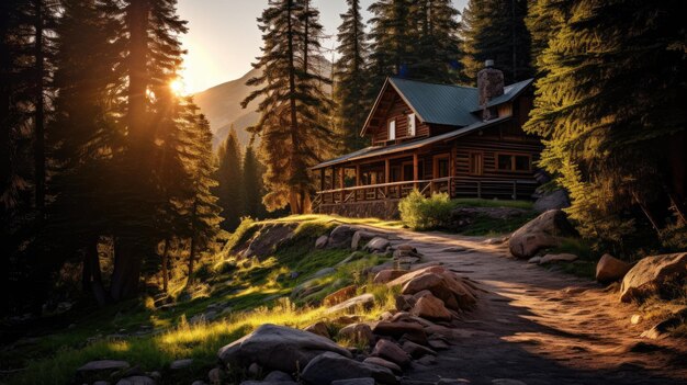 Una foto di una baita di montagna isolata, illuminata dalla luce del sole