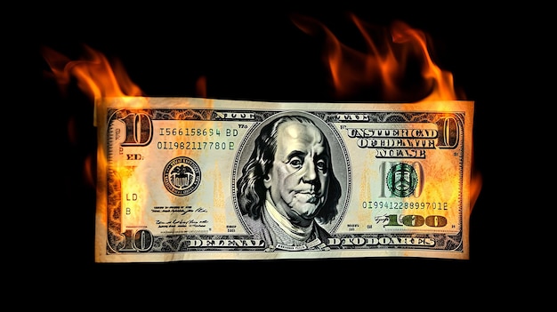 una foto di una banconota da cento dollari sul fuoco su uno sfondo trasparente iper realistico