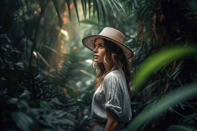 Una foto di una bella giovane donna che cammina da sola nella giungla.