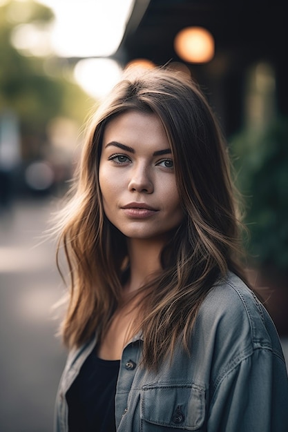 Una foto di una bella giovane donna in piedi fuori.