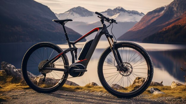 Una foto di una bicicletta elettrica elegante su una montagna panoramica
