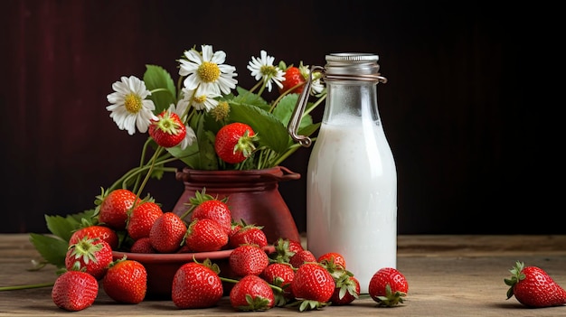 Una foto di una bottiglia di latte e fragole