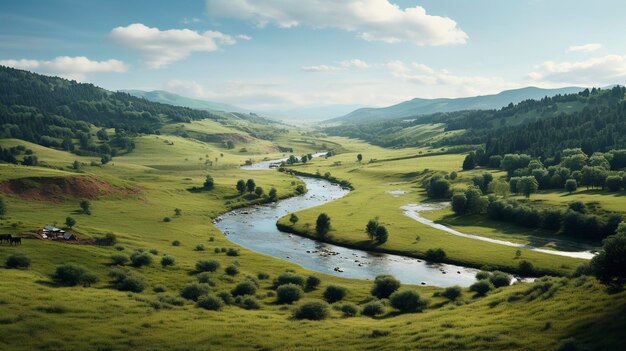 Una foto di una campagna serena con un fiume tortuoso